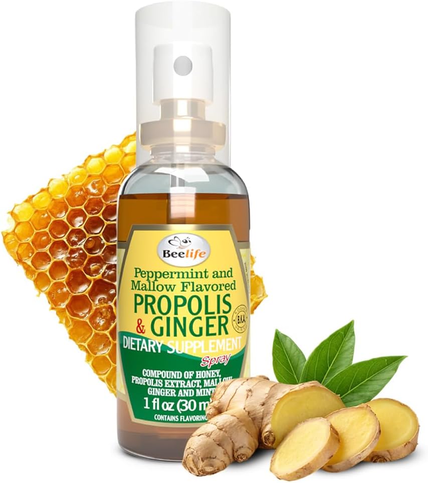 蜂生命 Propolis Throat Spray – Soothing Honey & Ginger Propolis - 天然免疫支持 & Sore Throat Relief, 抗氧化剂,富于Flavonoids & Artepillin C,无糖,无糖 - 1-Pack, 30ml