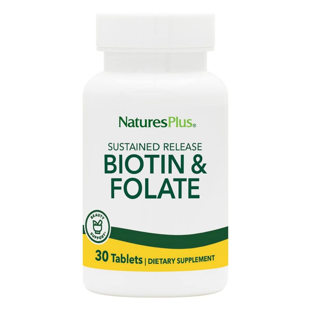 Natures Plus Biotin & Folic Acid (Methylfolate), 持续释放 - 30个植物药片 - 维生素B7 & Vitamin B9, 支持毛发生长, 能量促进器, 产前维生素 - 无葡萄糖 - 30种服务
