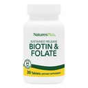 Natures Plus Biotin & Folic Acid (Methylfolate), 持续释放 - 30个植物药片 - 维生素B7 & Vitamin B9, 支持毛发生长, 能量促进器, 产前维生素 - 无葡萄糖 - 30种服务