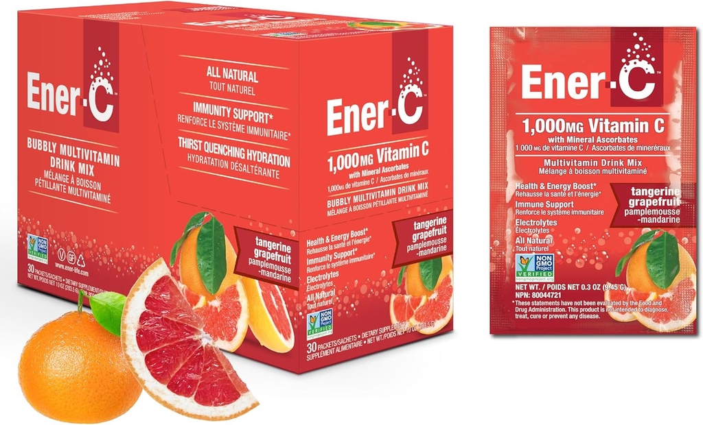 Ener-C Tangerine & Grapele果多维他命饮料混合物,1000mg Vitamin C, Non-GMO, Vegan, Real 果汁粉,自然豁免支持,电解质,Gluten Free, 1-Pack of 30