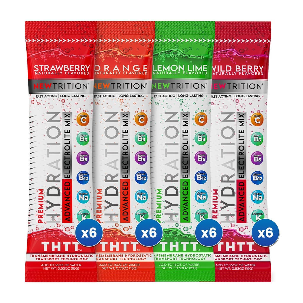 水解粉,4 Flavors, 包装24个电解粉包,天然火化水解粉包用于水, 快速代理水解电解剂加维生素B&C, 能源与回收