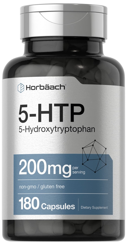 Horbäach 5HTP 200mg 补充 | 180 Capsules | 5 Hydroxytryptophan | Griffonia Simplicifolia | 超强 | 非GMO, Gluten Free