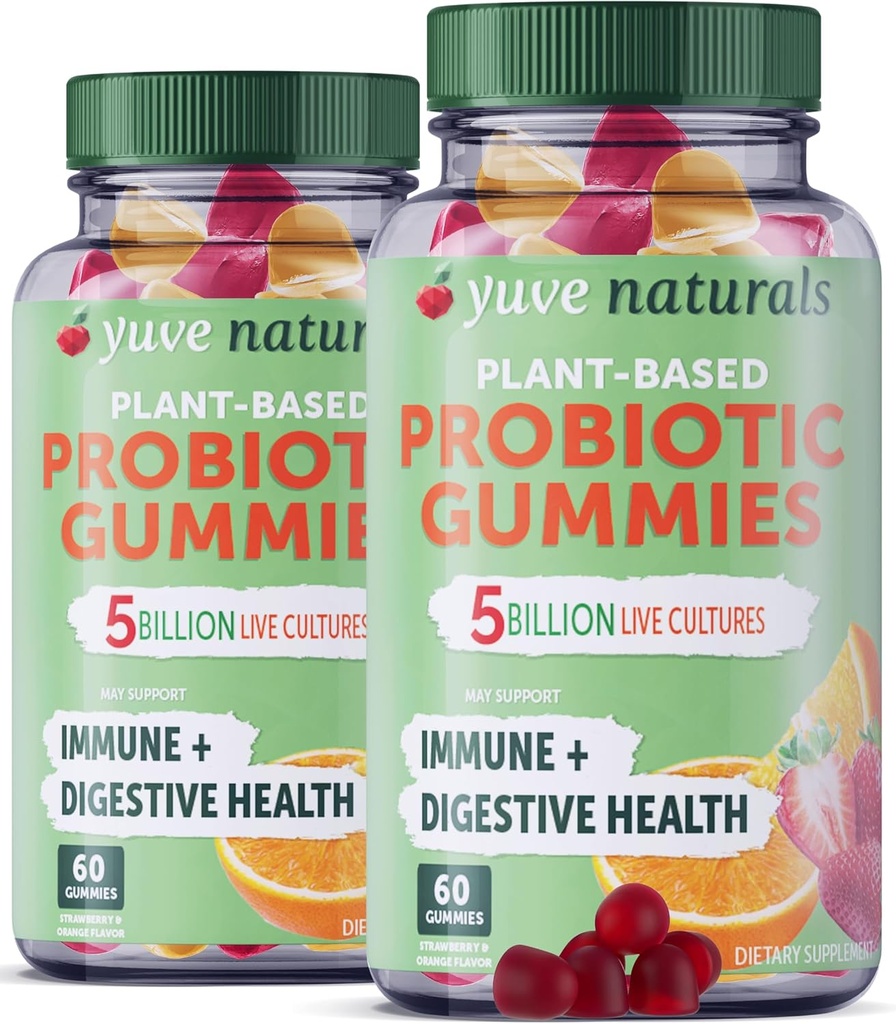 Yuve Vegan Probiotic Gummys, 女性和男性的Probiotics, 糖和Gluten-Free Gummit Probiotics, 消化和免疫支持, 5亿 CCFU, 辅助便秘, Bloating & Leaky Gut - 60 ct (2 Pack)