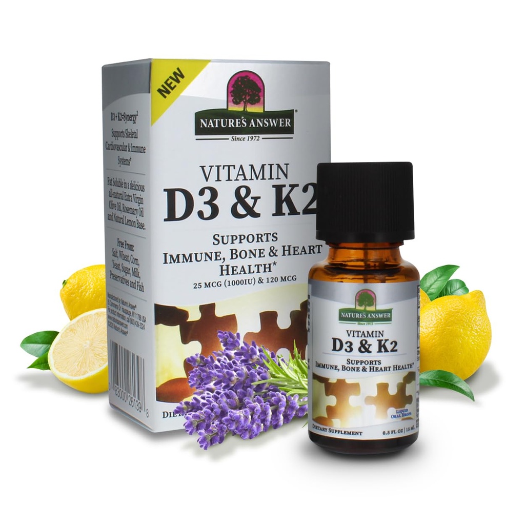 Natures Answer Vitamin D3 and K2, 0.5 oz - 液体提取口服滴液 - 支持Immune, Bone and Heart Health - 在美味橄榄油,Rosemary Oil和天然柠檬碱中