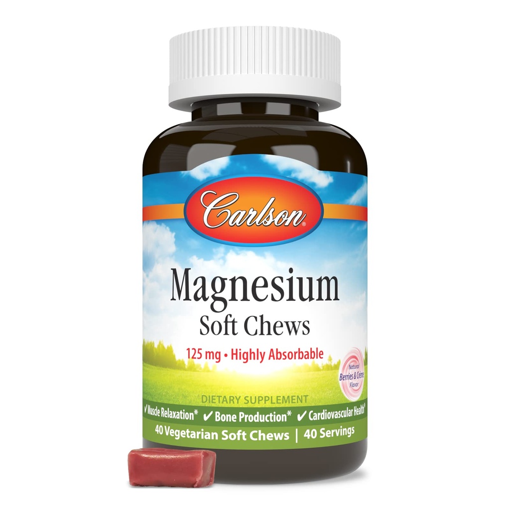 Carlson Magnesium Soft Chews 125 mg 高吸附性肌肉放松和整体健康 - Berries & Creme Flavor - 40 植物类软性 Chews