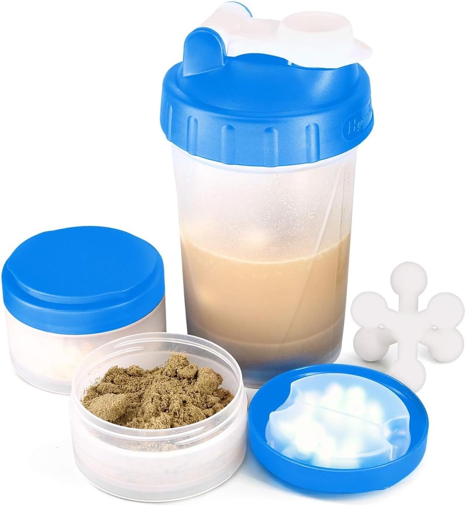 16oz 蛋白质摇摆瓶与摇摆球和 2 存储罐 QQ BPA 自由塑料杯 具有清晰的测量尺度 QQ 完美 蛋白质混合剂和药丸 QQ 便携式预工饮料杯(蓝色)