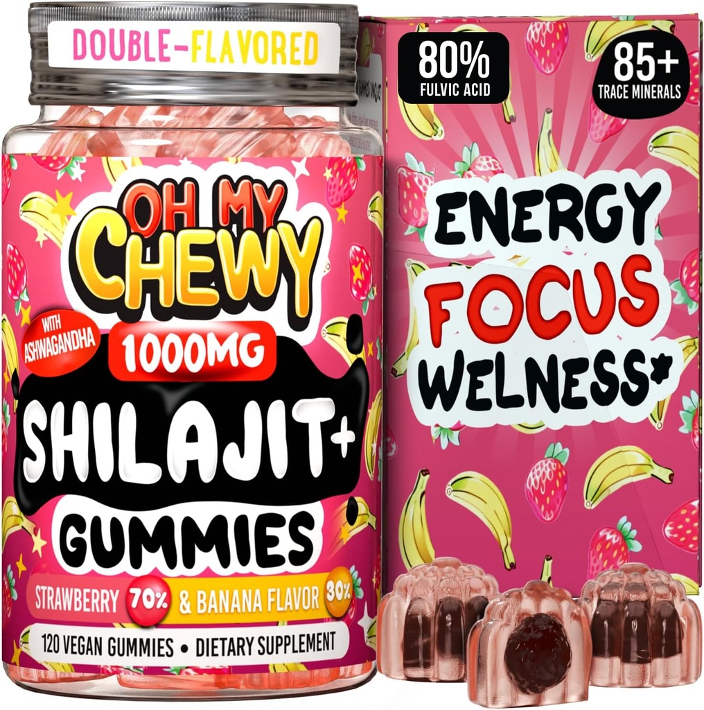 纯喜马拉雅Shilajit Gummys -- -- 高潜力金品级Resin -- -- 与Ashwagandha和Shatavari合作,为男子和妇女提供能源促进和免疫支持 -- -- 120瓜米 -- -- 草莓和香蕉