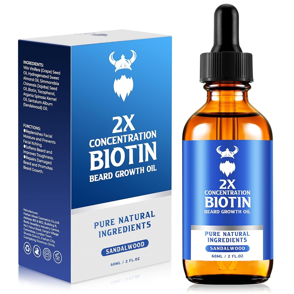 胡子生长油 - 2X 富集度 男子生物锡胡子油 (2 oz) - 天然男人胡子油与Argan Oil, Jojoba Oil and Vitamin, 胡子生长软化剂, 摩斯提尔剂 (桑达尔伍德)