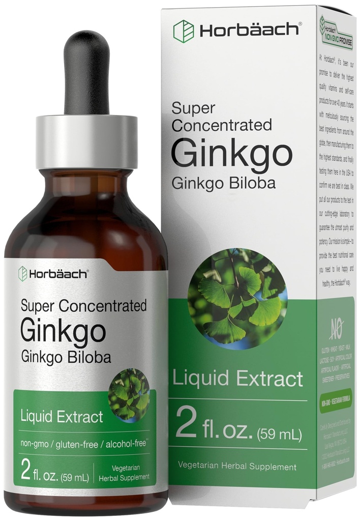 Horbäach Ginkgo Biloba 提取液体 2 fl oz QQ 无酒精草药补充 QQ Vegetarian, Non-GMO, Gluten Free