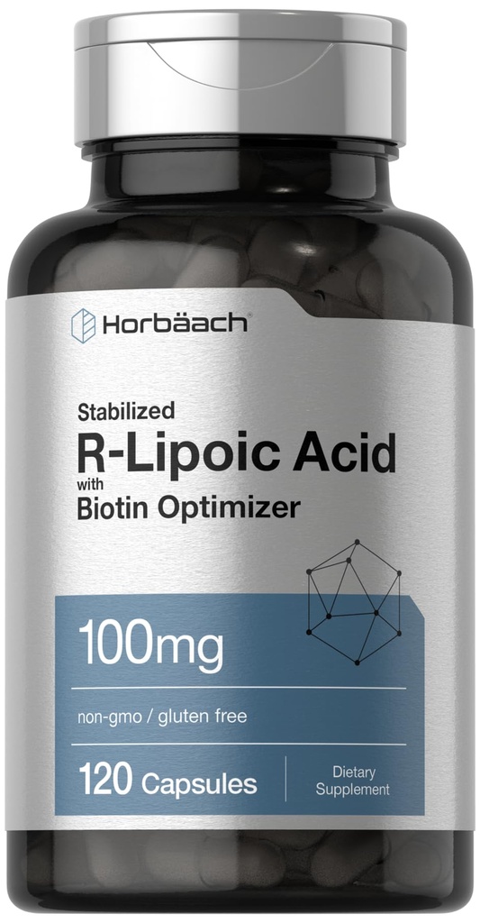 Horbaach R-Lipoic Acid 100 mg + 120 Capsules + 与 Biotin 优化剂 → 非 GMO, Gluten Free → 稳定 R-Lipoic Acid 补充剂