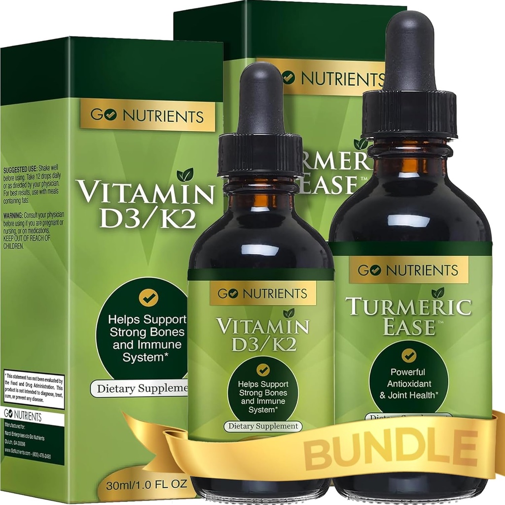 Go Nutrients Liquid Vitamin D3 配有 K2( MK-7) 滴入和涡流 Ease QQ 健康,易取 液态图解配有 Black Pepper & Ginger, Turmeric Curcumin 液解配器