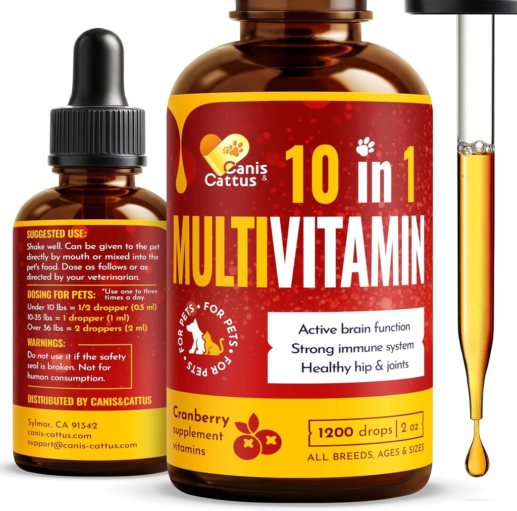 Canis&Cattus 10in-1 狗和猫的多维他明 — Daily Glucosamine, 维生素B, C & D3 支持 — 配有 Cranberry & MSM 的液体补充剂 — 2 oz