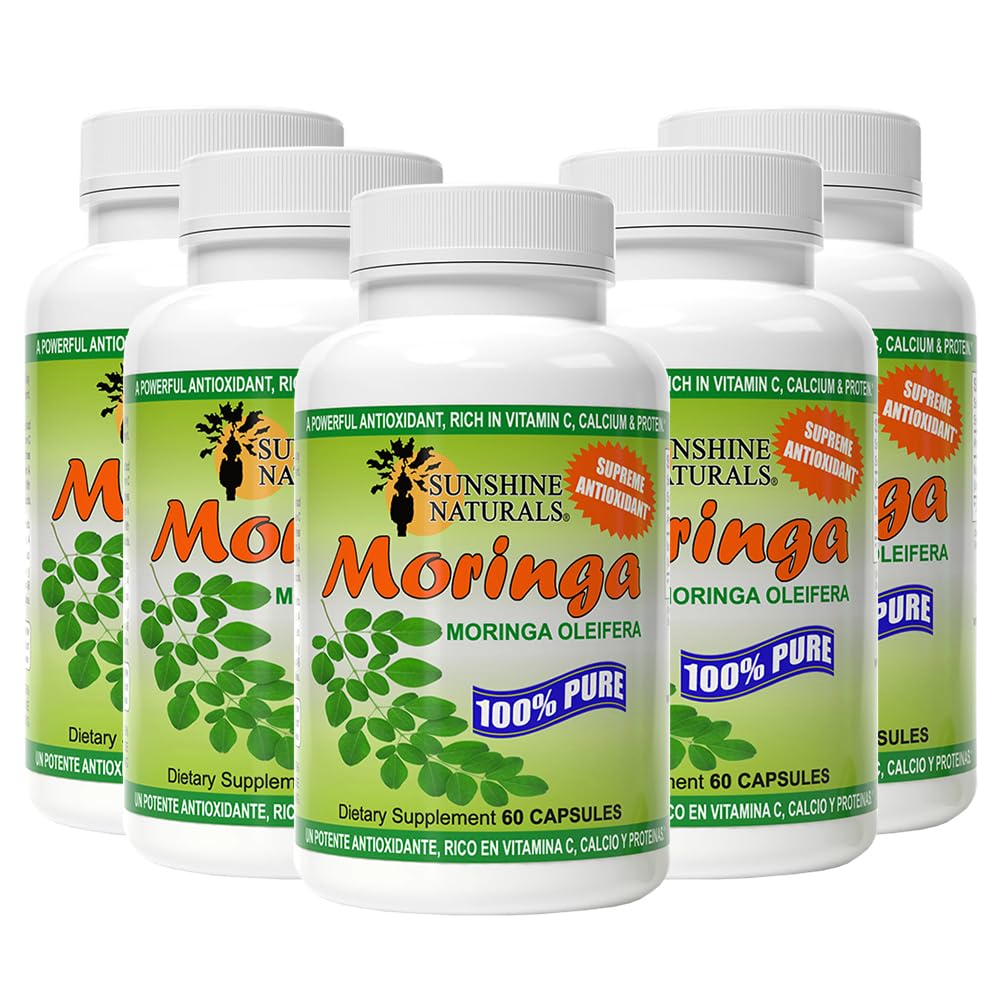 Sunshine Naturals Moringa Dietary Supplement. Immune System Aid, Energy Booster, Antioxidant Support, and Nutrient-Rich Superfood. Promotes Digestion and Heart Health. 120 Capsules. Pack of 5