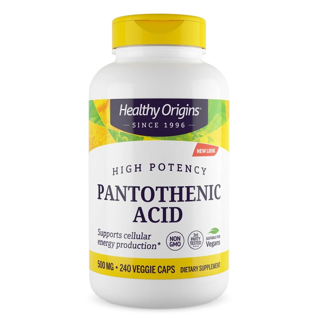健康原产地 维生素精B5 泛神酸500 mg Vegan Capsules, 高强度, 能量助推和代谢支持, 疲倦和肥胖, 皮肤护理的Acne补充, 白色, 240 counter