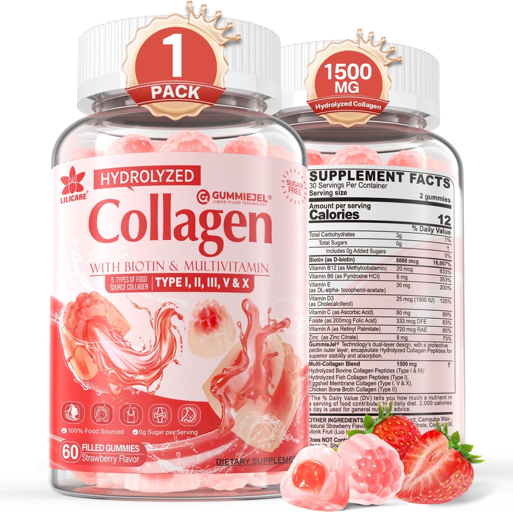 无糖蛋白酸Collagen Peptide Gummys for Women and Men Sugar-Free, Multi Collagen Hydrlyed w/ 1500mg 蛋白质I,II,III,V,X,5000mcg Biotin,甲基化B12,维生素C A E D3 B6 for Skin Hair Nails, Bone, 60Cts