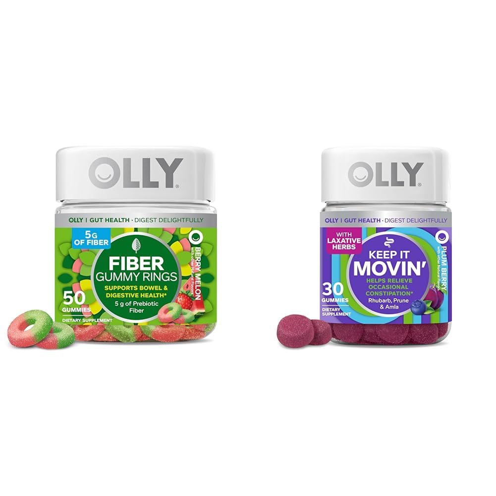 OLLY Fiber Gummy Rings, 5g Prebiotic Fiber, FOS (Fructo-oligosaccharides), 消化支持, Berry Melon 50ct & 保持它移动便秘救济, Rhubarb, Prunes, Amla - Plum Berry Flavor - 30ct