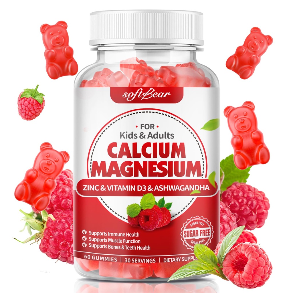 软熊钙 镁 锌 胶体 女性 镁 钙 辅料 维生素D3 骨强 维加恩/苏加-无,Raspberry Flavor 60 Count