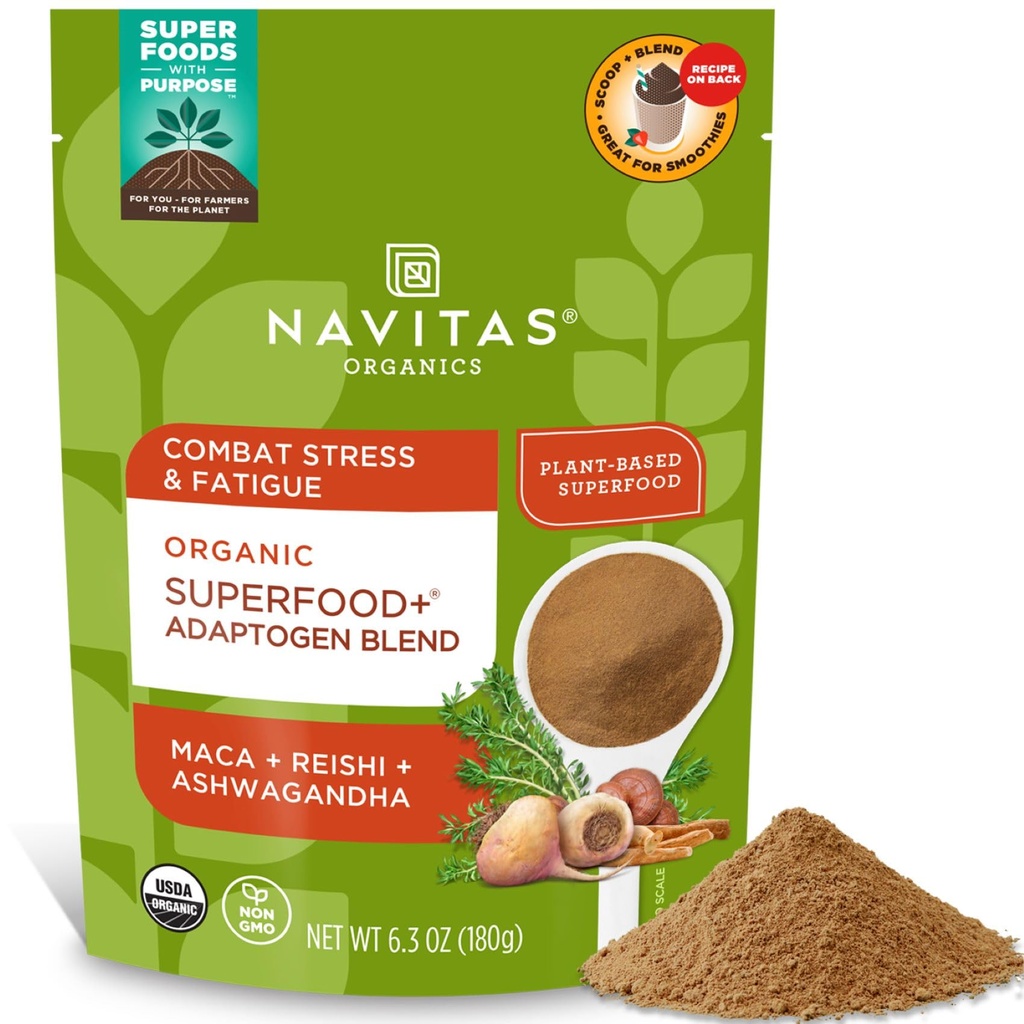 Navitas Organics Superfoods + Adaprogen 混合压力支持(Maca + Reishi + Ashwagandha), 6.3oz Bag, 30 services — Organic, Non-GMO, Vegan, Gluten Free, Keto & Paleo.