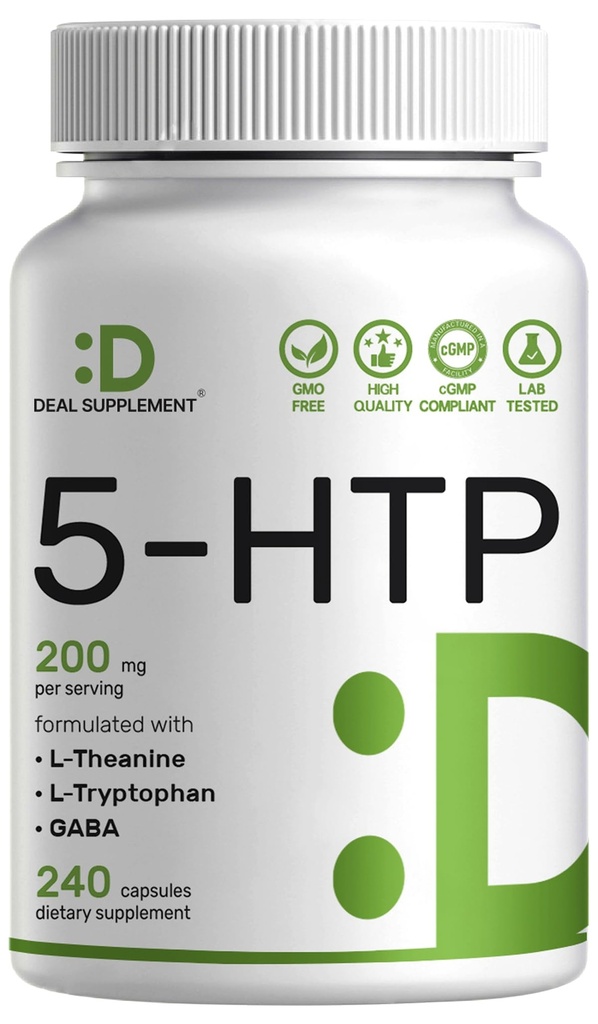 交易补编 5-HTP 200 mg Pervice, 240 Capsules, 98% Africa Derived Griffonia种子摘录 QQ 4 in 1 Formula + Active L Theanine, L Tryptophan, & GABA & GABA → 放松支持补编