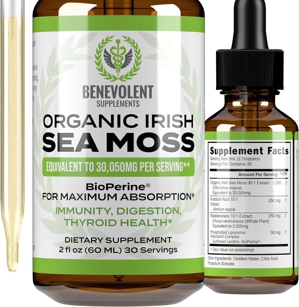 仁爱的努里什 有机爱尔兰海 Moss Drops 2oz - Burdock root, Bladderwrack & BioPerine [Ultra 力量] 30,000 mg 海 Moss 液体 Drops for Immune Support, Thyroid, Gut, Skin & 联合健康