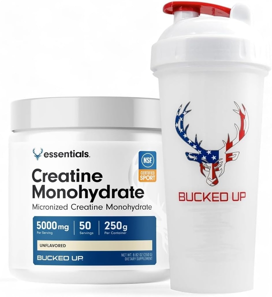 Bucked Up Creatine & Shaker Bundle – Micronized Creatine Powder (250g, 50 services) + 28oz 漏液 - Proof BPA - Free Shaker Bottle 用于优化混合