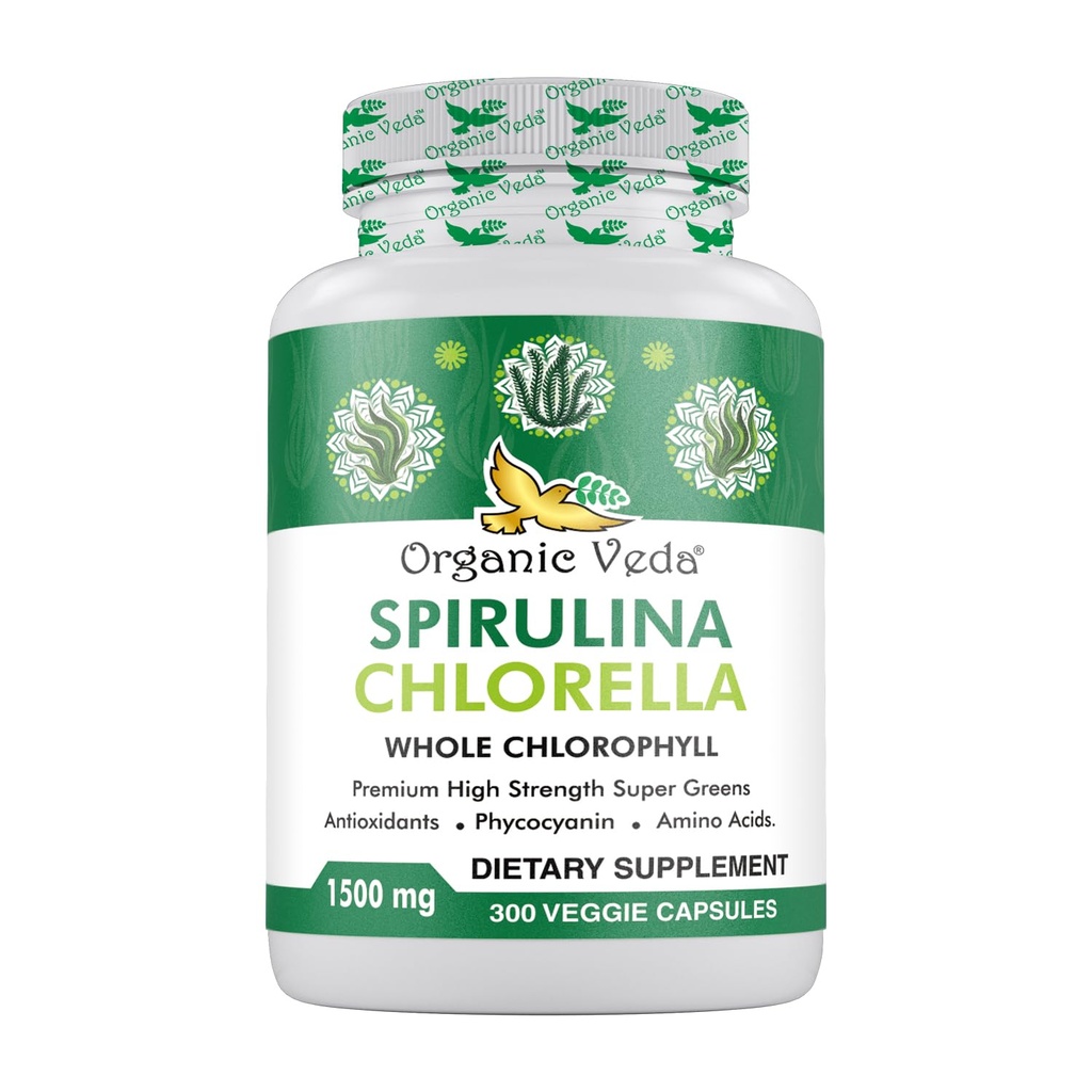 含有超绿色抗氧化剂的Veda Spirulina和Chlorella Capsules, 1500mg, 300 Counter - Spirulina Chlorella Capsules with Super Green Antioxidants, Phycocyanin, 氨基酸 - boost豁免, 能量,支持文摘