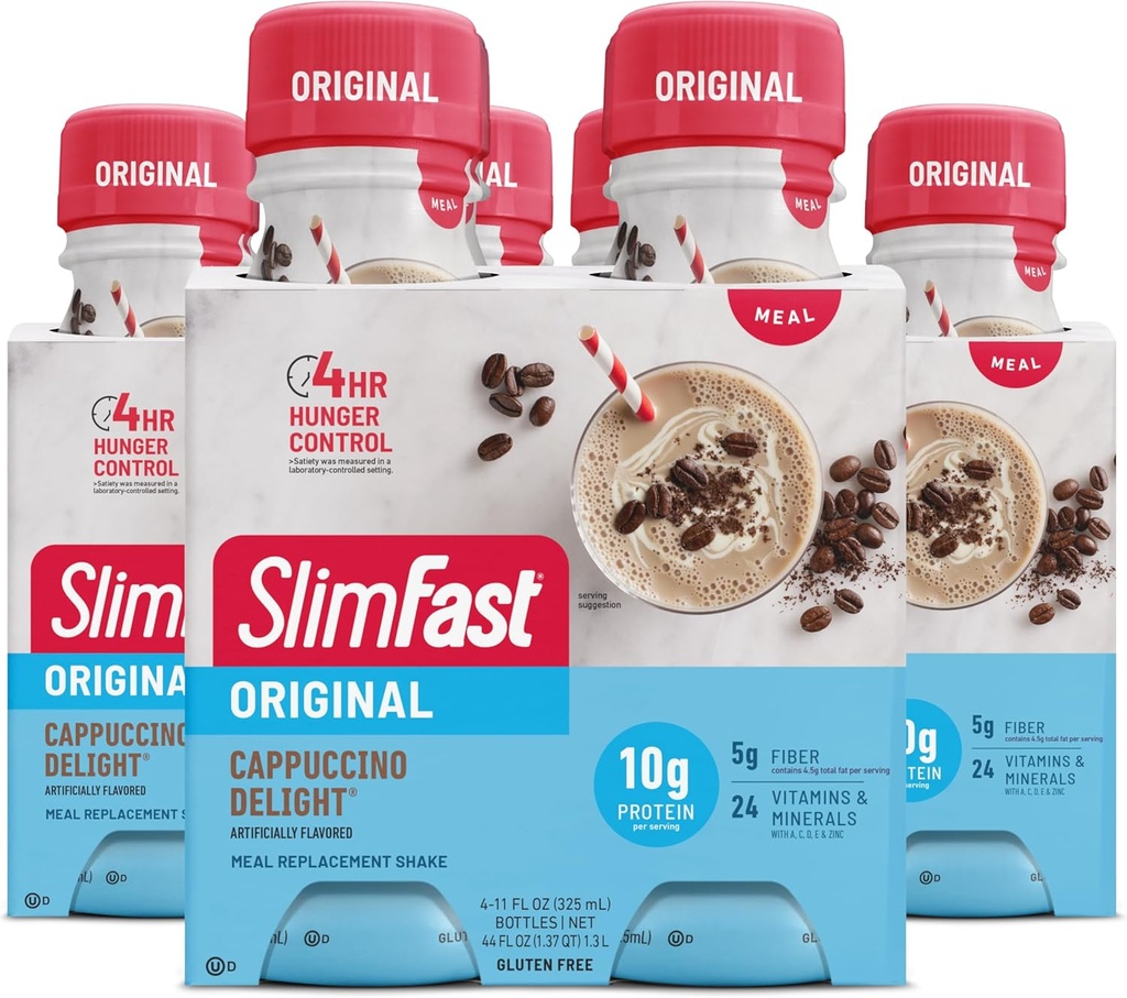 SlimFast Meal Executive Shake,原版卡布奇诺 Delight,10g 准备饮用蛋白质减肥,11 Fl. Oz瓶,4 Counter (Pack of 3) (Package May Vary)