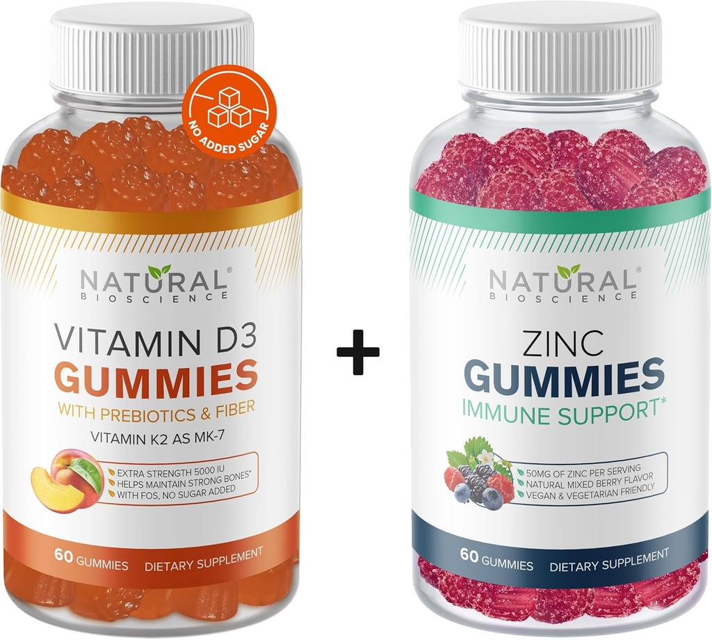 自然生物科学 糖无维生素 D3 K2 Gummys 5000 IU & Zinc Gummys 50 mg, 超强, 免疫支持, 骨质健康, 心脏健康, 皮肤支持, 60 Gummy 维生素
