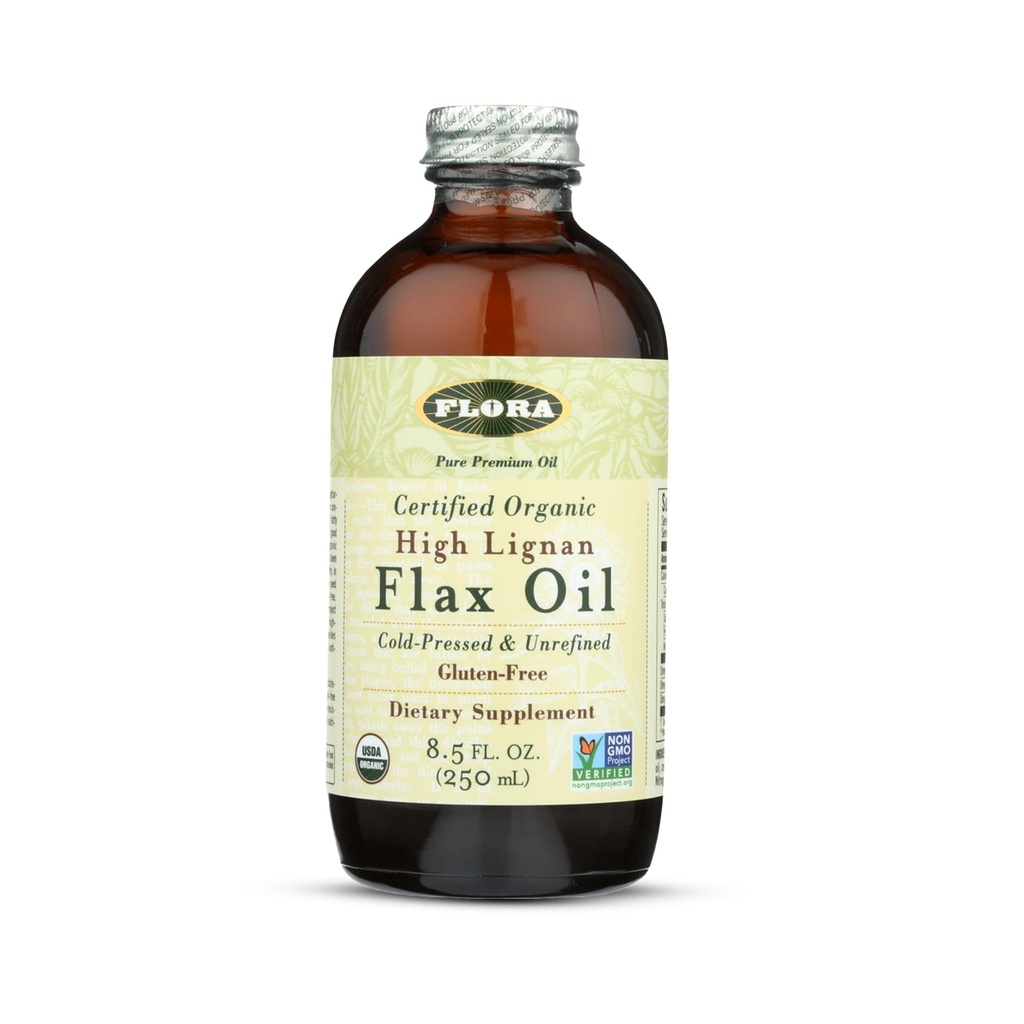 Flora健康认证 有机高丽甘油(High Lignan Flax)种子油,冷压,无精炼和无胶质 配有基本脂肪酸,无改性氟油,17 fl. 玻璃瓶