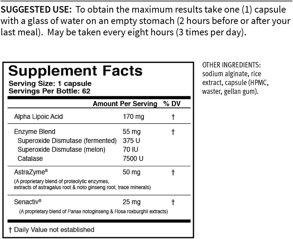 USA Enzymes YouTHXYM 62 延时释放蔬菜卡普尔,抗氧化酶补充. Alpha Lipoic Acid (ALA) 170mg + 50mg AstraZyme 加强蛋白质消化.
