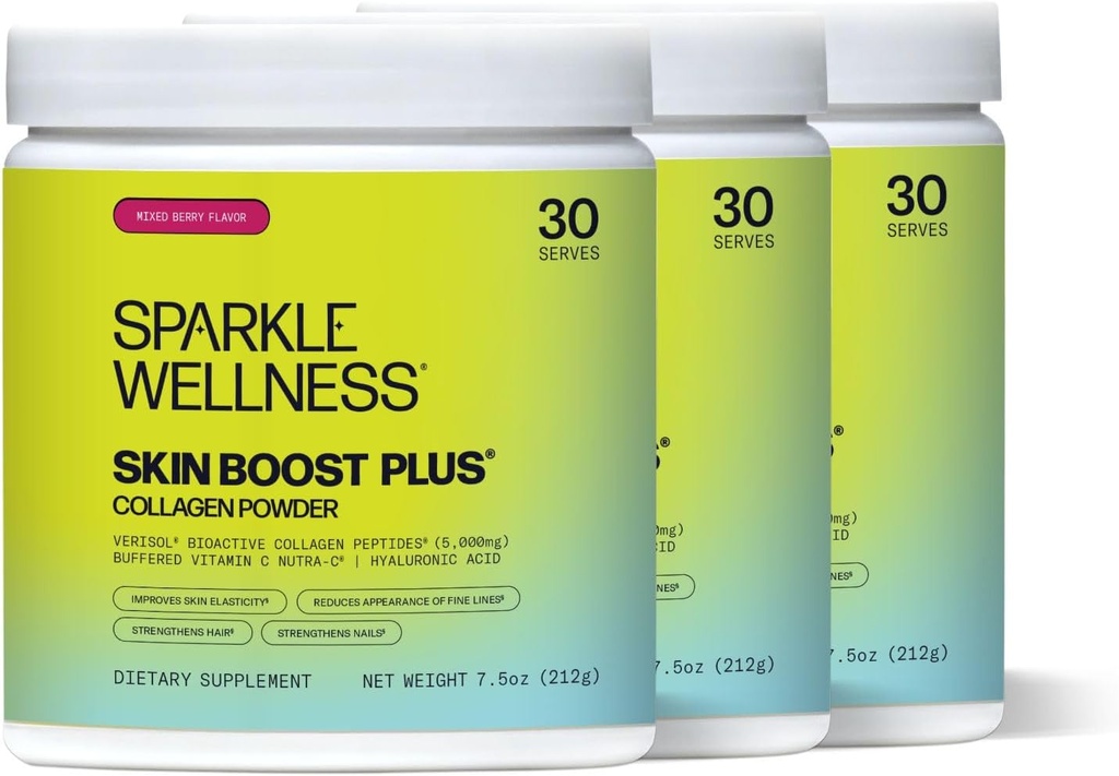 Sparkle Wellness Skin boost Plus (混合莓) [3-Pack of 30-Serves] 与VERISOL Bioactive Hydrlyed Collagen Peptides,维生素C & Hyaluronic Acid 改进皮肤弹性