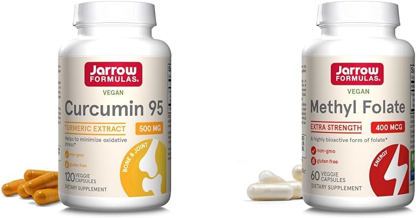 Jarrow Formunes Curcumin 95 500毫克和甲基Folate 400mcg 抗氧化剂和心血管健康支持补充剂 Bundle,120和60 Veggie Capsules