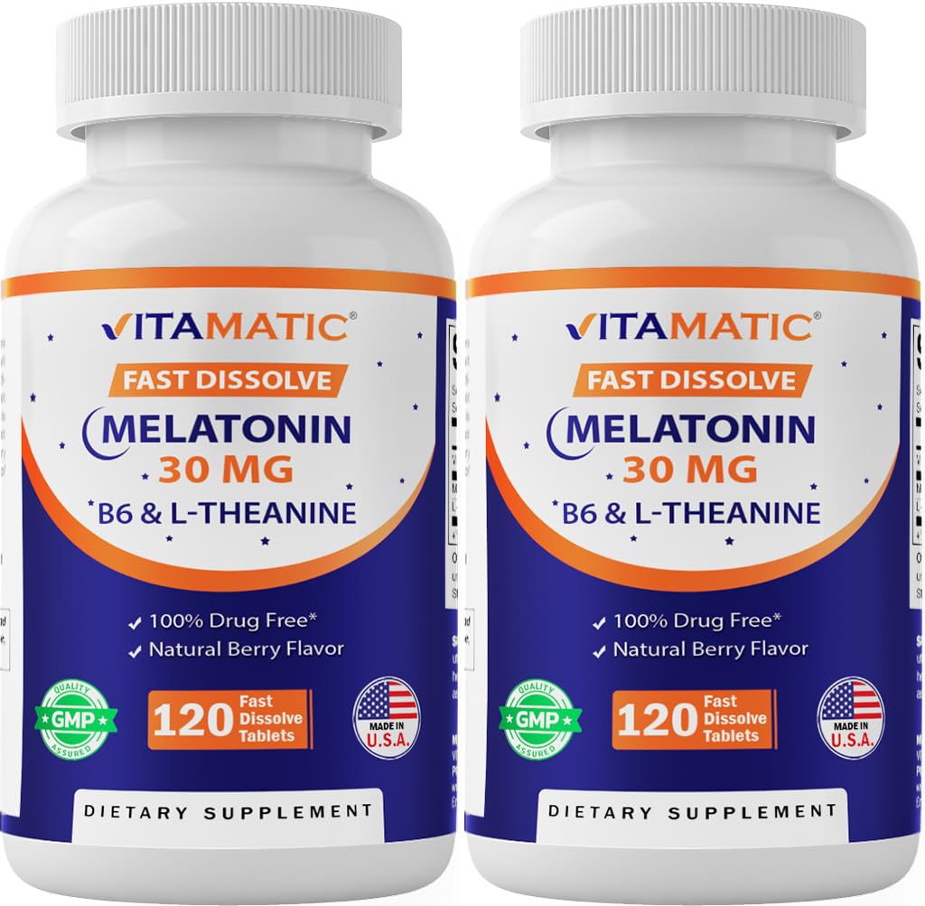 维生素Melatonin 30 mg - 含 B6 & L-Theanine - 120 带天然贝里氟化物的快速溶解片(2 Taps dose = Melatonin 60 mg) (120 counter (Pack of 2))