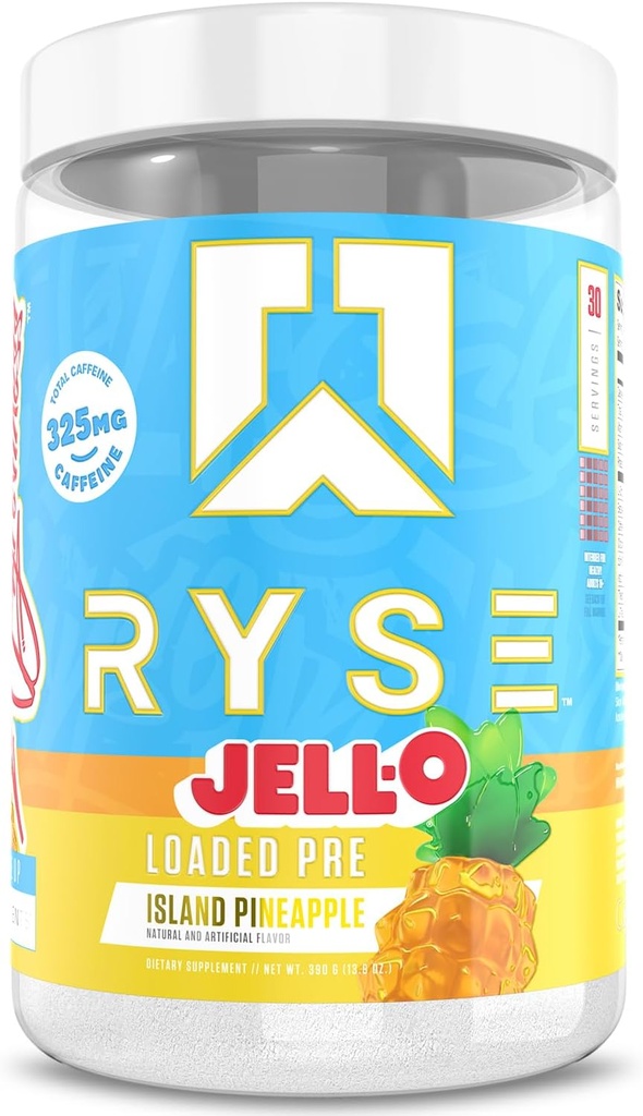 RYSE 加载的预研粉 - Jell-O Island Pineapple - Daily Pre-workout for Men and Women 配有325mg Cafeine, Beta Alanine, 以及 Citrulline for Pump, Focus, and Energy - 30 services