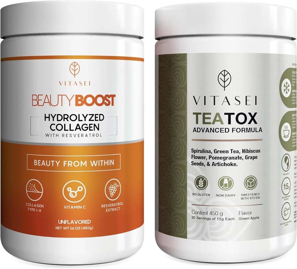 VITASEI Wellness Bundle — Hydrized Collagen Peptides Powder & Teatox Detox & Cleanse Support Powder — 头发,皮肤,钉子和文摘 女性和男性助推器