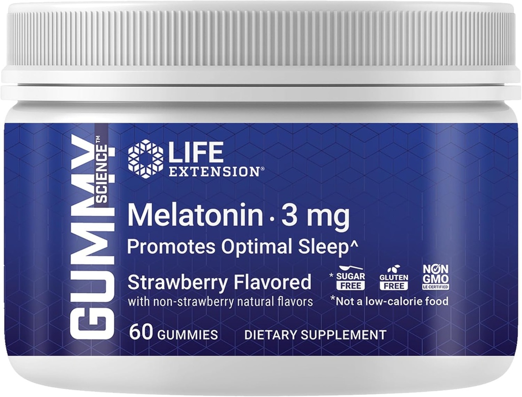 生命延伸 Gummy ScienceTM Melatonin(草莓), 3毫克, 最佳睡眠支持, 健康循环韵律, 细胞防御, 无胶体, 非GMO, 蔬菜, 60古米