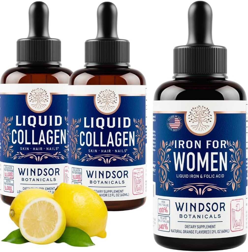 WINDSOR BOTANICALS 液态凝胶 2-Pack和液态铁 女性美容与健康包