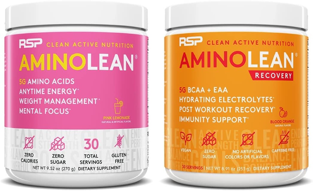 RSP 营养 氨基莱恩 预先工作能源(Pink Lemonade 30 services) 与氨基莱恩恢复后工作靴(Blood Orange 30 services)