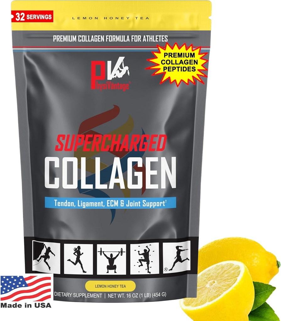PhysiVantage 超充电Collagen Peptides Powder - 联合、Tendon、支架、和皮肤健康水解Collagen - 柠檬蜂蜜茶、Keto、Paleo、16oz → 与维生素C、BCAAs、草药加固