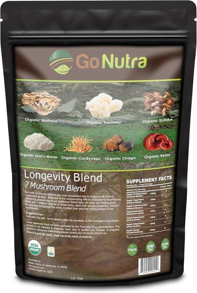 Go Nutra - 有机7蘑菇补充剂,长寿蘑菇粉与狮子的玛内,查加,诗竹,麦竹,瑞希,特雷梅拉,和科迪塞普斯蘑菇,Non-GMO,Gluten-Free,Vegan,4 oz