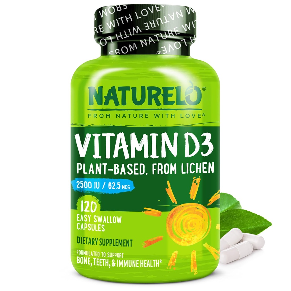 NATURELO 维生素 D - 2500 IU - 以利琴为原料的植物 - 天然D3 免疫系统补充剂,骨骼支持,联合健康 - Vegan - 非GMO - Gluten Free - 120 Capsules