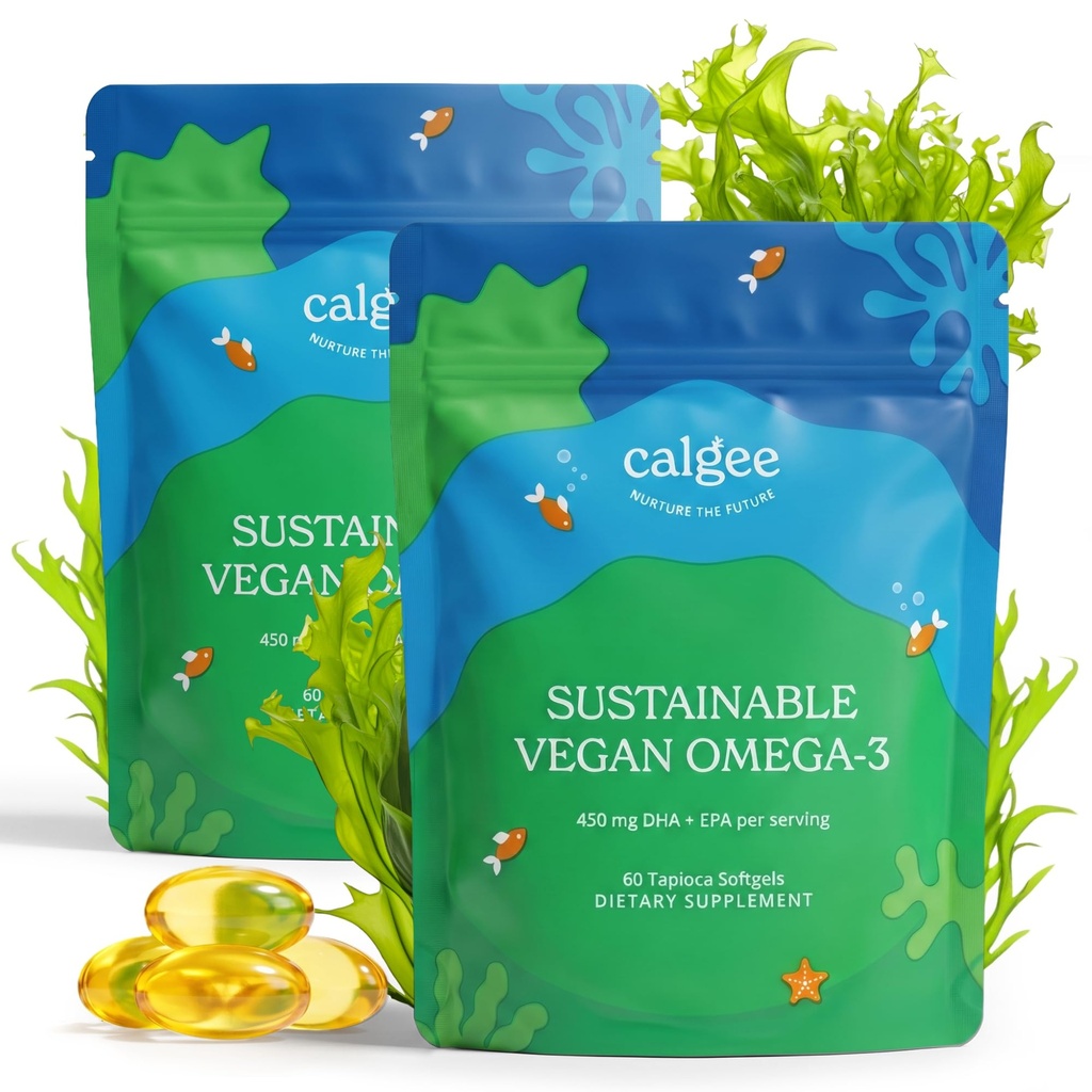 Calgee Vegan Omega 3-450mg DHA & EPA 脂肪酸 - 可持续藻类油 - 植物鱼油替代品 - Carrageenan - 无软胶(120Ct)