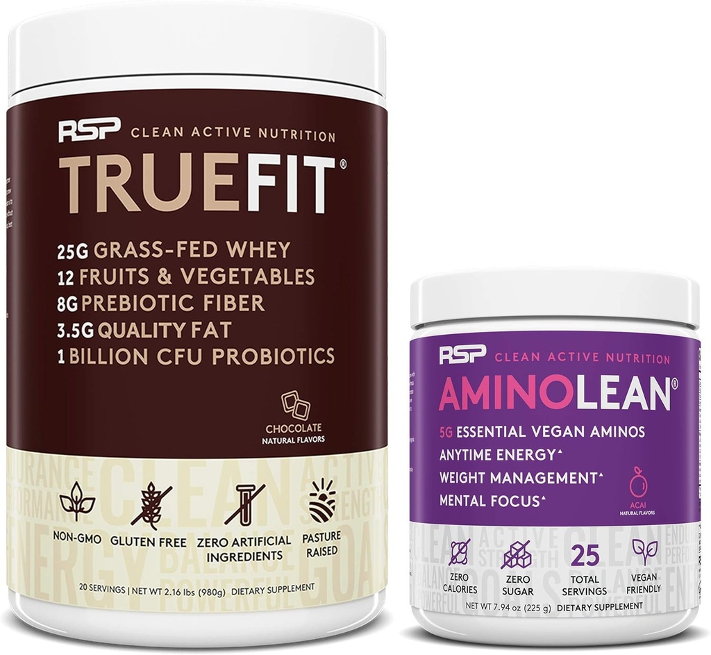 RSP Nutriition Vegan 氨基氨基氨酸前置工作能源(Acai 25 services) 配有 TrueFit蛋白粉(Chocolate 2 LB)