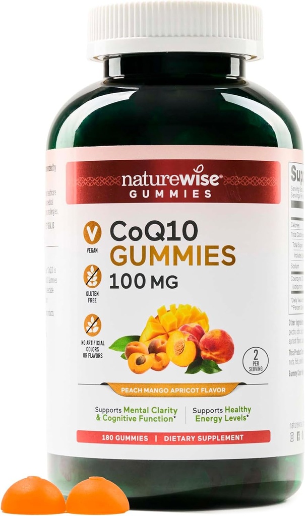NatureWise CoQ10 Gummies 100mg - 桃芒果火焰 - 心脏健康与抗氧化剂活动补充 - 以Pectin-based, Vegan, Soy and Gluten Free, Non-GMO - 180 Count [3-Month Supplement] (中文(简体) ).