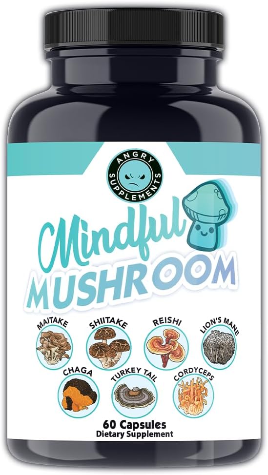 愤怒补充剂 注意蘑菇 Capsules - 7in1 Premium Health Shroom Blend of Maitake, Shiitake, Reishi, Turkish Tail, Cordyceps, Lions Mane和Chaga蘑菇(60ct)