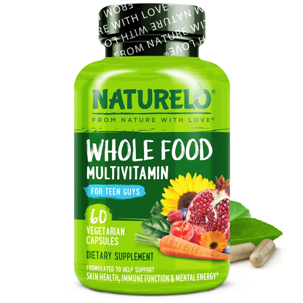 NATURELO 青少年多维特敏 - 青少年男孩全食多维特敏 - 活动儿童矿物补充 - 植物提取 - 非GMO - Vegen & Vegetarian - 60 Capsules