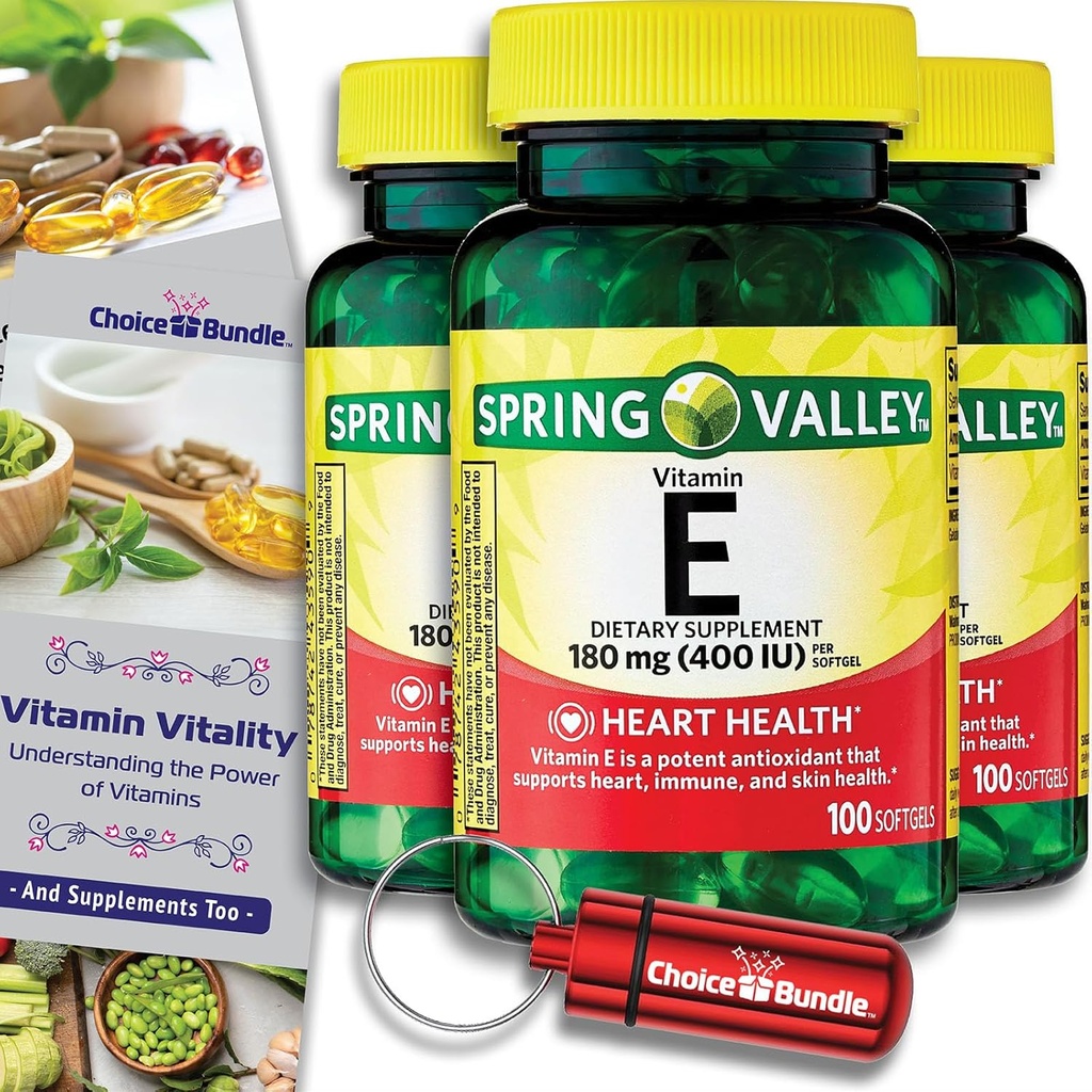 Choice Bundle Spring Valley Vitamin E 心脏健康饮食补充 180 mg(400 IU) 100 CT 3 pk(共计300) + “维生素生命力”指南 & Keychain Pill容器(5项)!