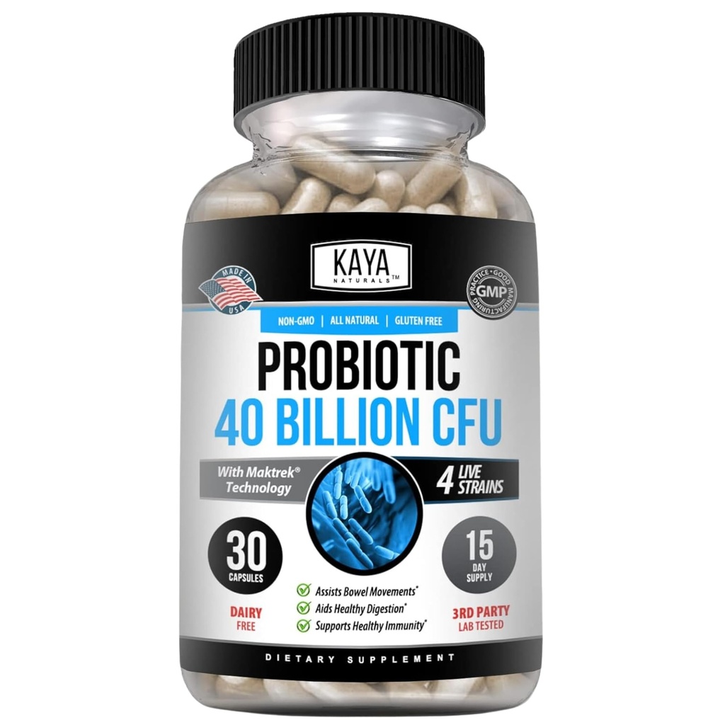 Kaya Naturals Probiotic 40亿 CMU - 女性的Probiotics,男性和成年人的Probiotics,自然的 - Gut Health & Immune支助补充 - 促进消化性健康 - 30个计数