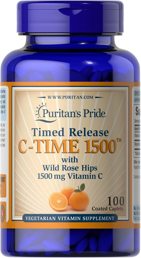 清教徒的骄傲维生素C 1500 mg 配有玫瑰 HIPS Caplets, 100 Count