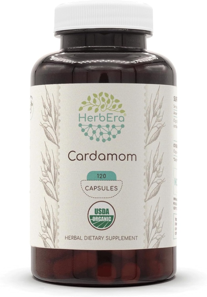 HerbEra Cardamom USDA Organic 120 Capsules | Natural Herbal Supplement | Certified Organic Vegetarian Capsules and Organic Cardamom (Elettaria cardamomum) Dried Pod (120 Capsules)